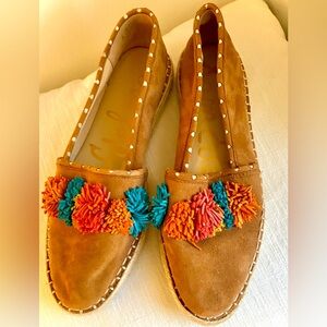 Sam Edelman Brown Suede Espadrilles with Vibrant Colorful Suede  Pom Poms